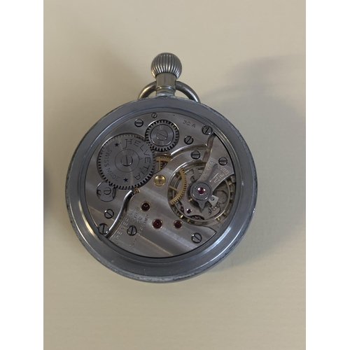 318 - A BRAVINGTONS HELVETIA MILITARY POCKETWATCH - BLACK DIAL WITH ARABIC NUMERALS - SECONDARY DIAL AT 6 ... 