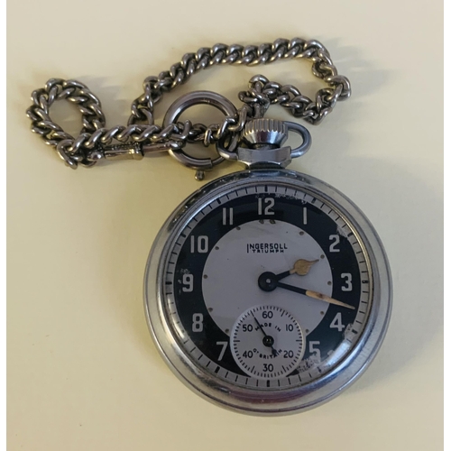 320 - INGERSOLL TRIUMPH CHROME PLATED KEYLESS FOB WATCH - UNUSUAL PUSH MOVEMENT TO SET TIME - ARABIC NUMER... 