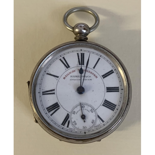 321 - RAILWAY TIMEKEEPER HAMILTON & CO SPECIAL LEVER SILVER CASED (MARKED 0800)  FOB WATCH WHITE DIAL WITH... 