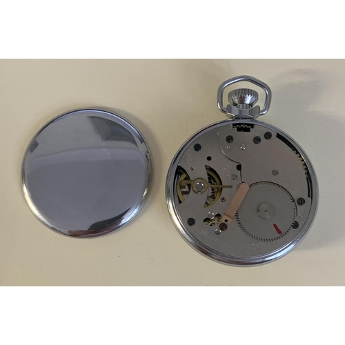 322 - MODERN CHROMEPLATED INGERSOLL KEYLESS POCKETWATCH, - WHITE DIAL WITH ARABIC NUMERALS, WITH SWEEPNG S... 