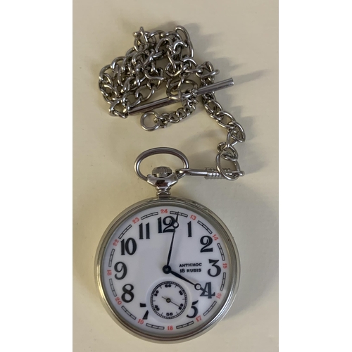 326 - A CHROME PLATED CONTINENTAL KEYLESS POCKET WATCH - WHITE DAIL WITH ARABIC NUMERALS, SECONDARY DIAL A... 