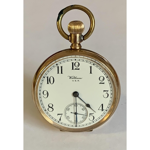 332 - WALTHAM USA YELLOW METAL GP KEYLESS POCKET WATCH - WITH HINGED FRONT & BACK, WHITE ENAMEL DIAL WITH ... 