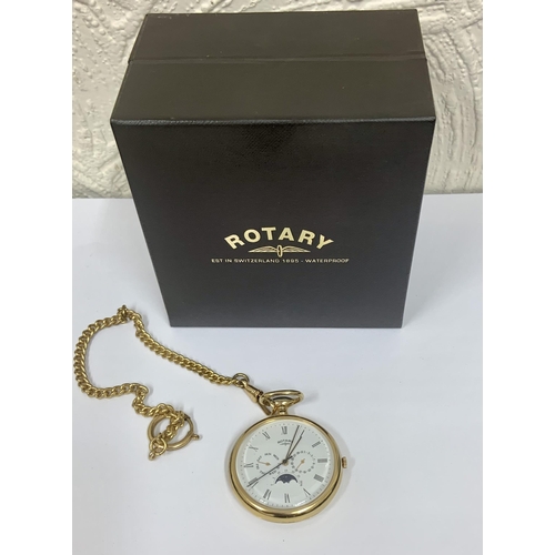 338 - ROTARY SUN AND MOON QUARTZ POCKET WATCH WITH CHAIN AND BOX, DAY DIAL AT 9, DATE DIAL AT 3 SUN/MOON A... 