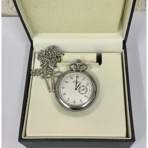 339 - CHROME ROTARY QUARTZ POCKET WATCH, IVORY DIAL WITH ARABIC NUMERALS, SECONDARY DIAL AT 3 WITH BOX AND... 