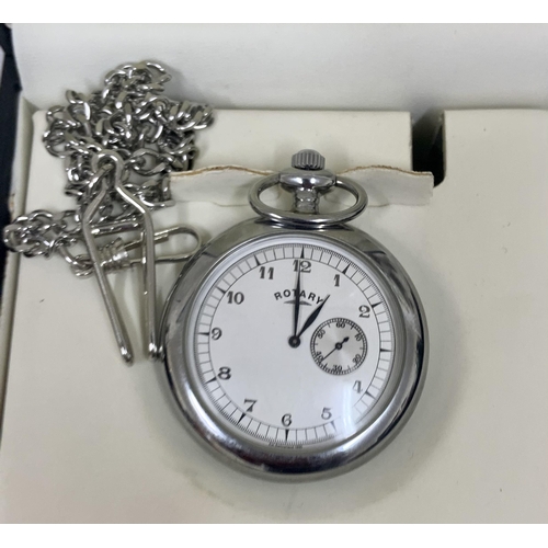 339 - CHROME ROTARY QUARTZ POCKET WATCH, IVORY DIAL WITH ARABIC NUMERALS, SECONDARY DIAL AT 3 WITH BOX AND... 