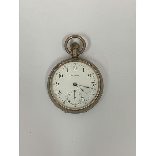 340 - A VINTAGE CONTINENTAL YELLOW METAL KEYLESS POCKET WATCH MARKED SCOTIA TO DIAL, WHITE DIAL WITH ARABI... 