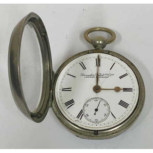 345 - VINTAGE WHITE METAL POCKET WATCH MARKED LANCASHIRE WATCH CO. LTD. LONDON AND PRESCOT, WHITE ENAMEL D... 