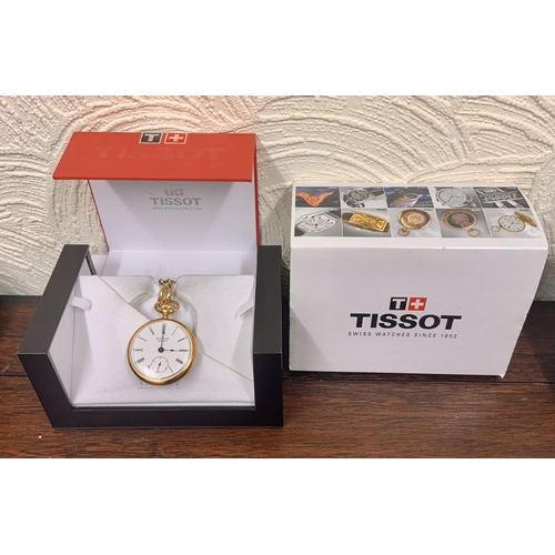 346 - A MODERN TISSOT KEYLESS POCKET WATCH, WHITE DIAL WITH ROMAN AND ARABIC NUMERALS, SECONDARY DIAL AT 6... 