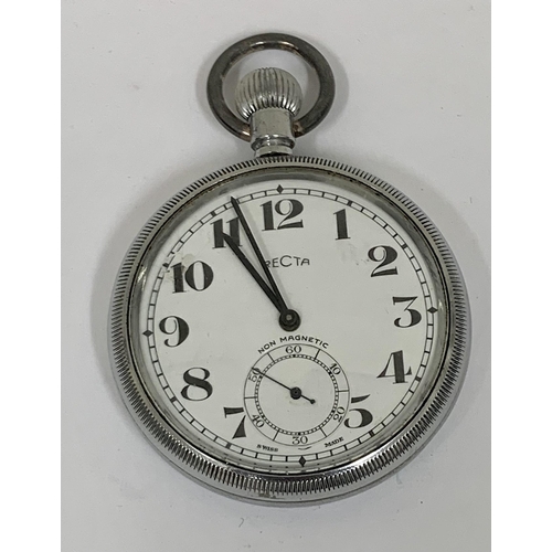 347 - A CHROME RECTA NON MAGNETIC KEYLESS RAILWAY POCKET WATCH, ARABIC NUMERALS, SECONDARY DIAL AT 6, SCRE... 