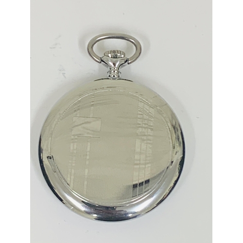 350 - A CHROME MOERIS GRAND PRIX INCABLOC KEYLESS POCKET WATCH, WHITE DIAL WITH ARABIC NUMERALS IN RED AND... 