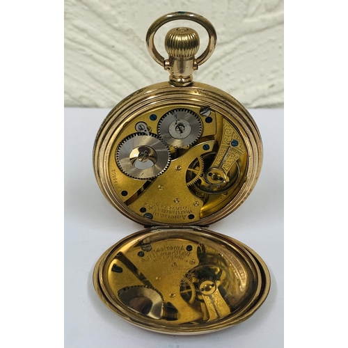 351 - YELLOW METAL AMERICAN WALTHAM TRAVELLER KEYLESS POCKET WATCH, WHITE ENAMEL DIAL WITH ROMAN NUMERALS,... 