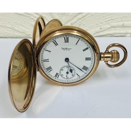 352 - YELLOW METAL VINTAGE KEYLESS POCKET WATCH WALTHAM USA FULL HUNTER WHITE ENAMEL DIAL, ROMAN NUMERALS ... 