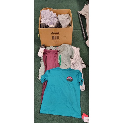 135 - LARGE BOX OF VARIOUS SHOP SOILED CLOTHING INC. BERGHAUS, DKNY, CREW CLOTHING ETC.