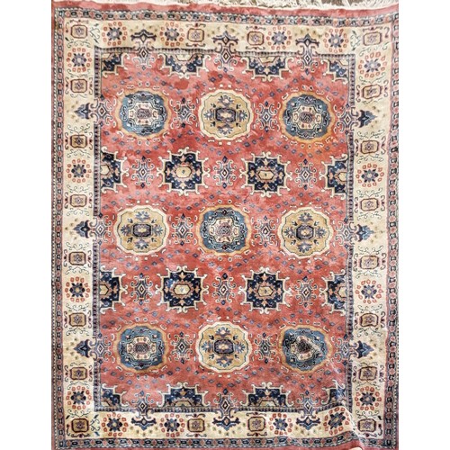 296 - AFGHAN OR SHEKARLU STYLE RUG - IN PINK, BLUE AND CREAM PATTERN 230cm x 155cm