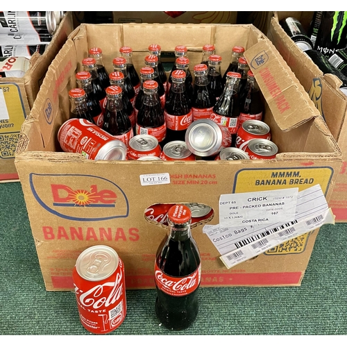 166 - BOX OF FULL SUGAR COCA COLA - CANS/GLASS BOTTLES