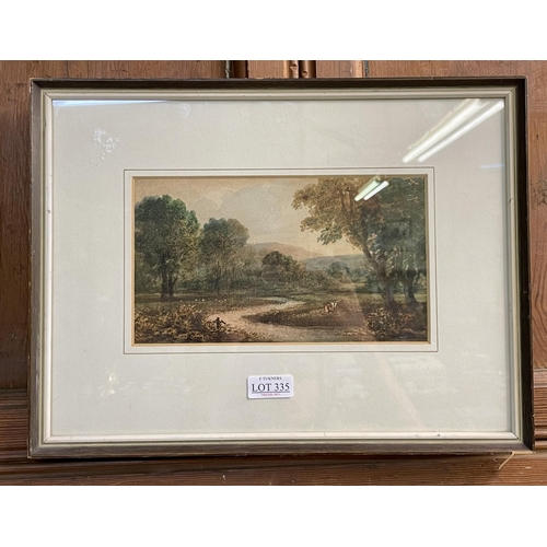 335 - VICTORIAN WATERCOLOUR - UNSIGNED -EVOCATIVE SCENE OF A BOY FISHING IN A RIVER VALLEY - ENGLISH SCHOO... 