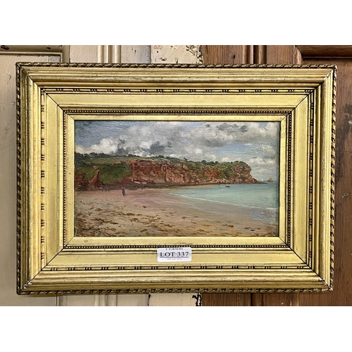 337 - UNSIGNED- BEACH SCENE - NR. BANGOR, NORTH WALES. OIL ON BOARD - FRAMED 12CM X 21CMS