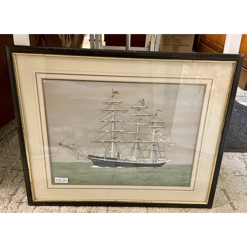 341 - PAT FISHER: -THE GEORG STAGE - FULL RIGGED SHIP DENMARK ACRYLIC -FRAMED & GLAZED, WITH ANNOTATION TO... 