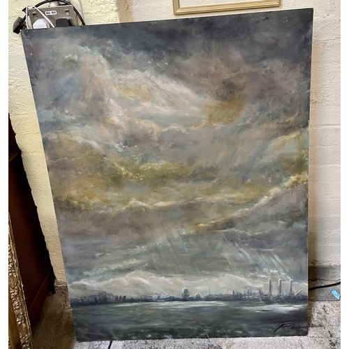 344 - STEVE TATE 1953 CANADIAN - 'STORM CLOUDS OVER LIVERPOOL BAY - ACRYLIC ON HARDBOARD PANEL - 92CM X 12... 