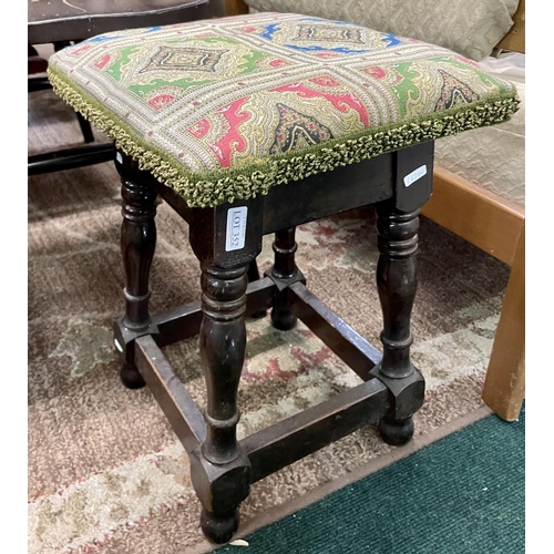 352 - SMALL OAK STOOL WITH TAPESTRY UPHOLSTERY