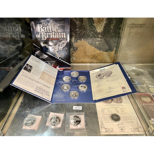 413 - RAF BATTLE OF BRITAIN 80TH ANNIVERSARY SET - CARDS, 6 COINS AND 4 X C.O.A. SCRAMBLE COIN (WITH CERT)... 