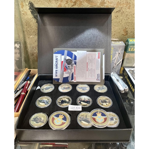 415 - THE RAF WWII AIRCRAFT COLLECTION ONE CROWN COINS - 12 COINS, 7 CERTS PLUS 2 RAF BADGES