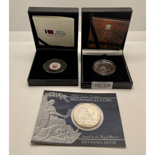 418 - 2007 SILVER BULLION BRITANNIA £2 COIN, AN RBL 2022 REMEMBRANCE POPPY SILVER PROOF SOVEREIGN AND A FI... 