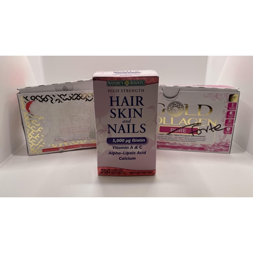 23 - SET OF 20 50ML BOTTLES OF GOLD COLLAGEN FORTE TOGETHER WITH NATURE'S BOUNTY HAIR SKIN AND NAILS TABL... 
