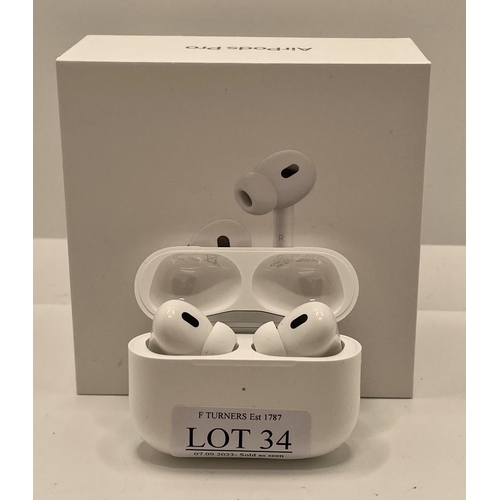 34 - BOXED APPLE AIRPODS PRO 2ND GEN MQD83ZM/A  WITH CHARGING WIRE AND EXTRA BUDS