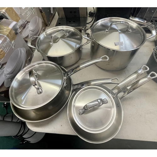 51 - T/TINA SS COOKWARE 10PC - 6 PANS/4 LIDS - VERY SLIGHT PREVIOUS USEAGE