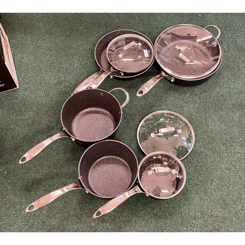 76 - THE ROCK COOKWARE 9 PIECE PAN SET - 6 PANS/3 LIDS - PREVIOUS USEAGE TO SOME PANS