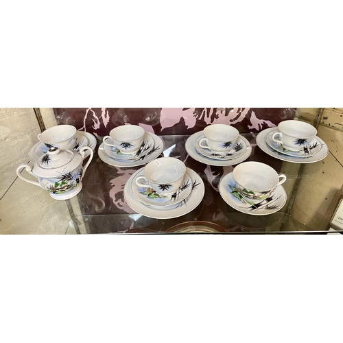 174 - E&O CHINAWARES -JAPANESE TEA SET -'VILLAGE & WATERWHHEL SCENE' - 6 CUPS, 6 SAUCERS, 5 PLATES & COVER... 