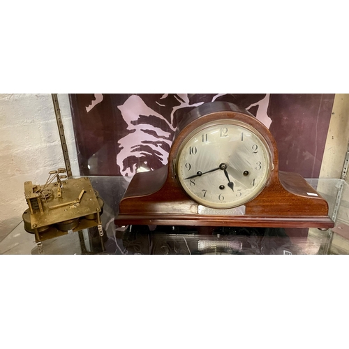 175 - A CASED MANTEL CLOCK WITH PLATED INSCRIPTION DATING IT TO 1929, A BRASS CLOCK WORKS MARKED 'BRITISH ... 