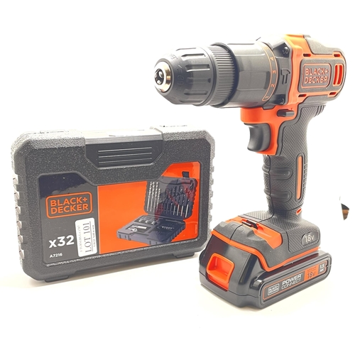 101 - BLACK AND DECKER CORDLESS DRILL - WITH 32 PIECE BIT SET WITH BATTERY (NO CHARGER)