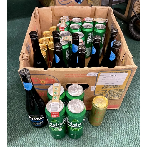 133 - BOX OF MIXED BEERS, CIDERS AND DRINKS - CARLSBERG, PREMIER CRU CIDER, AU VODKA