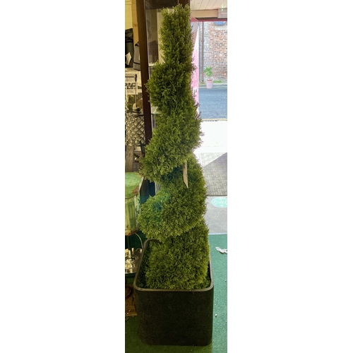 146 - 6FT CEDAR SPIRAL TOPIARY FAX TREE IN SLATE EFFECT POT