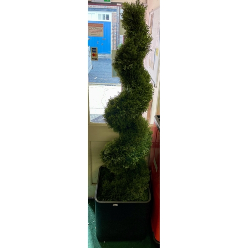 147 - 6FT CEDAR SPIRAL TOPIARY FAX TREE IN SLATE EFFECT POT