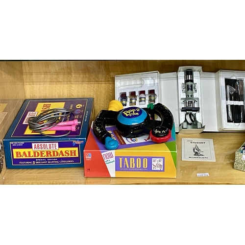 258 - MISC. GAMES, BALDERDASH, TABOO AND A VINTAGE STUDENT MISCROSCOPE SET WITH SLIDES AND ACCESSORIES