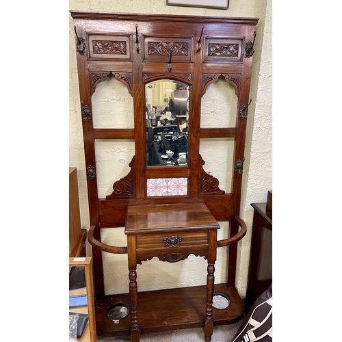 290 - A VICTORIAN MAHOGANY HALL STAND, MIRRORED WITH TILE BACK, SINGLE DRAWER, 8 COPPER HOOKS, 2 METAL DRI... 