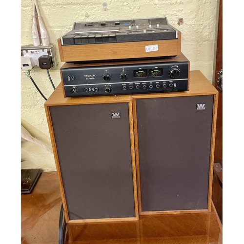 332 - PAIR OF TEAK CASED WHARFEDALE SPEAKERS, A PRINZ SOUND AMPLIFIER AND A VINTAGE DECCA TAPE DECK