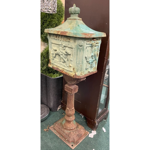 214 - A HEAVY VINTAGE CAST IRON PEDESTAL POSTAGE BOX - RUSTED - 110CM HIGH