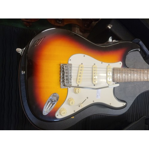 302 - SUNBURST ELECTRIC GUITAR MARKED FENDER ORIGINAL CONTOUR BODY - MISSING BACK PLATE, NUMBER TO HEAD 61... 