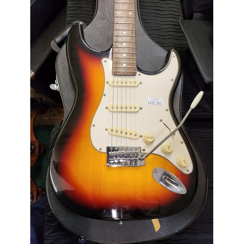 302 - SUNBURST ELECTRIC GUITAR MARKED FENDER ORIGINAL CONTOUR BODY - MISSING BACK PLATE, NUMBER TO HEAD 61... 