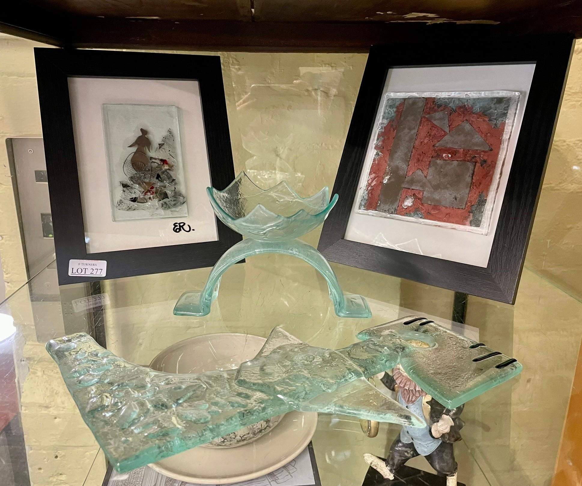 4 X VARIOUS GLASS DECORATIVE ITEMS INC. 2 X FRAMED GLASS TILES, TEA