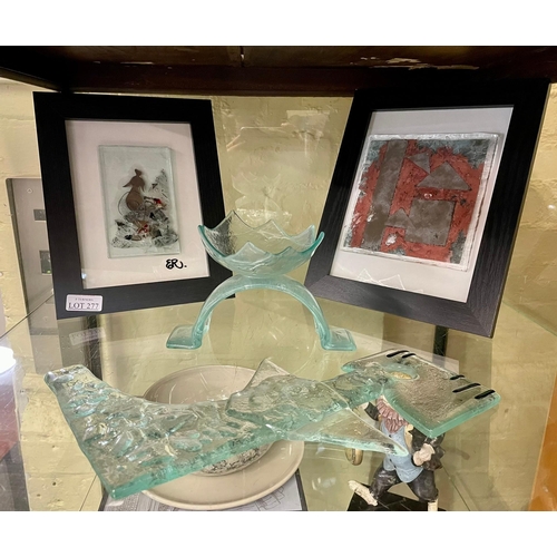 4 X VARIOUS GLASS DECORATIVE ITEMS INC. 2 X FRAMED GLASS TILES, TEA