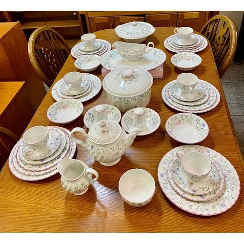 334 - JOHNSON BROTHERS WHITE & PINK EDGED FLORAL DINNER SERVICE - 42 PIECES 6CUPS, 6 SAUCERS, 6 SIDE PLATE... 