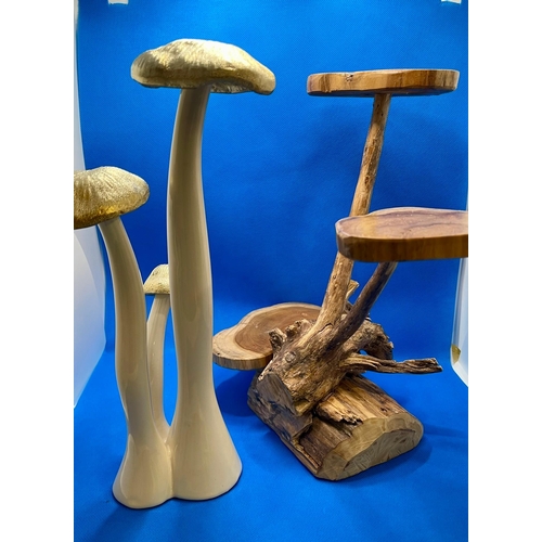 423 - CERAMIC MUSHROOM ORNAMENT, CARVED WOODEN ORNAMENT AND DECORATIVE LOG