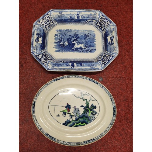 425 - Bristol Yen-How No.3 Oval Meat Dish TOGETHER WITH BLUE AND WHITE MEAT DISH DECORATED WITH HORSES