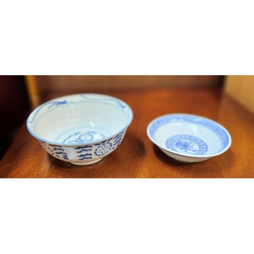 426 - 2x Chinese Blue & White Ware pottery - circular footed bowl & a small dish