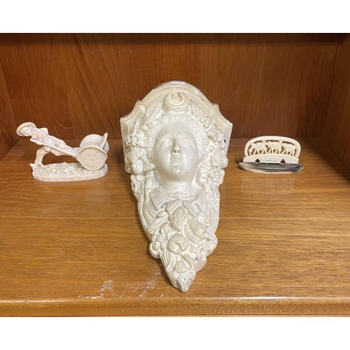 427A - PLASTER HANGING WALL PLAQUE OF A WOMAN IN WREATH TOGETHER WITH ORIENTAL FIGURE PULLING CART AND A RE... 